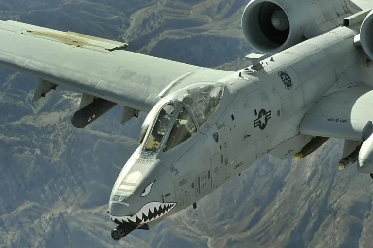 Avião A-10 Thunderbolt II em voo sobre o Estreito de Ormuz, com o mar e terra ao fundo, representando o local do incidente.