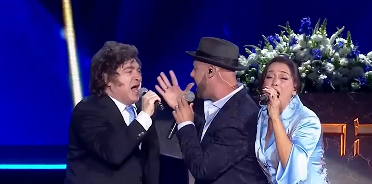 Javier Milei cantando com artistas e Netanyahu em Israel