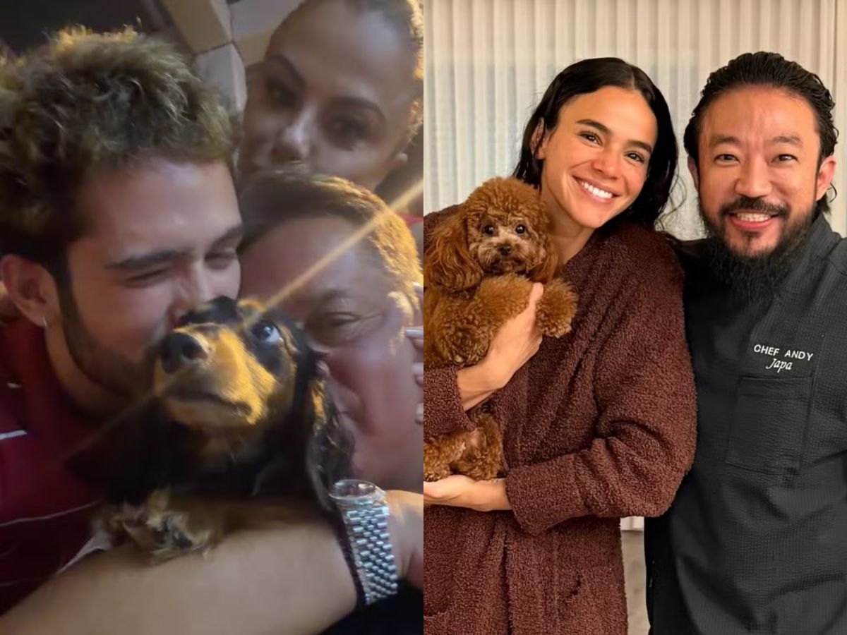 João Guilherme com cachorro Haku, pet de João Guilherme e Bruna Marquezine