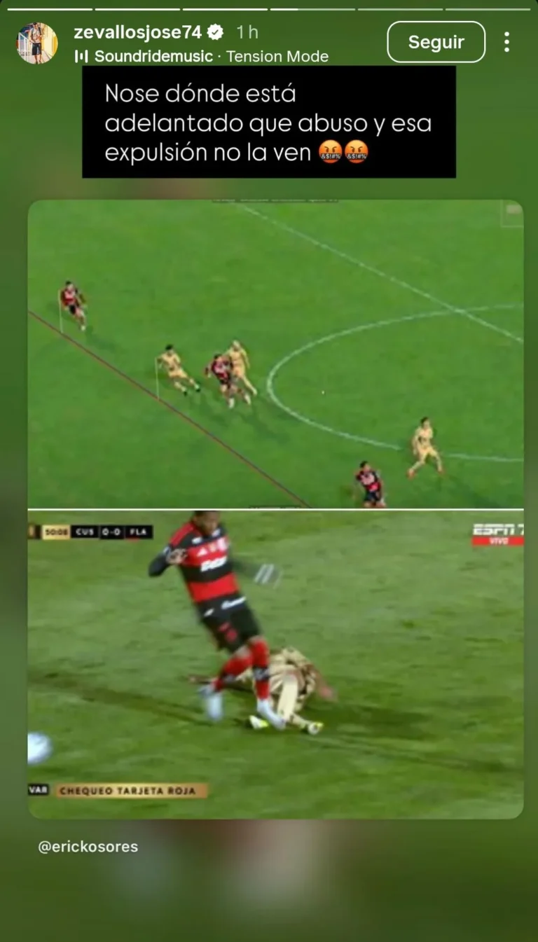 Árbitro em campo com jogadores do Cusco protestando contra decisão em partida do Flamengo