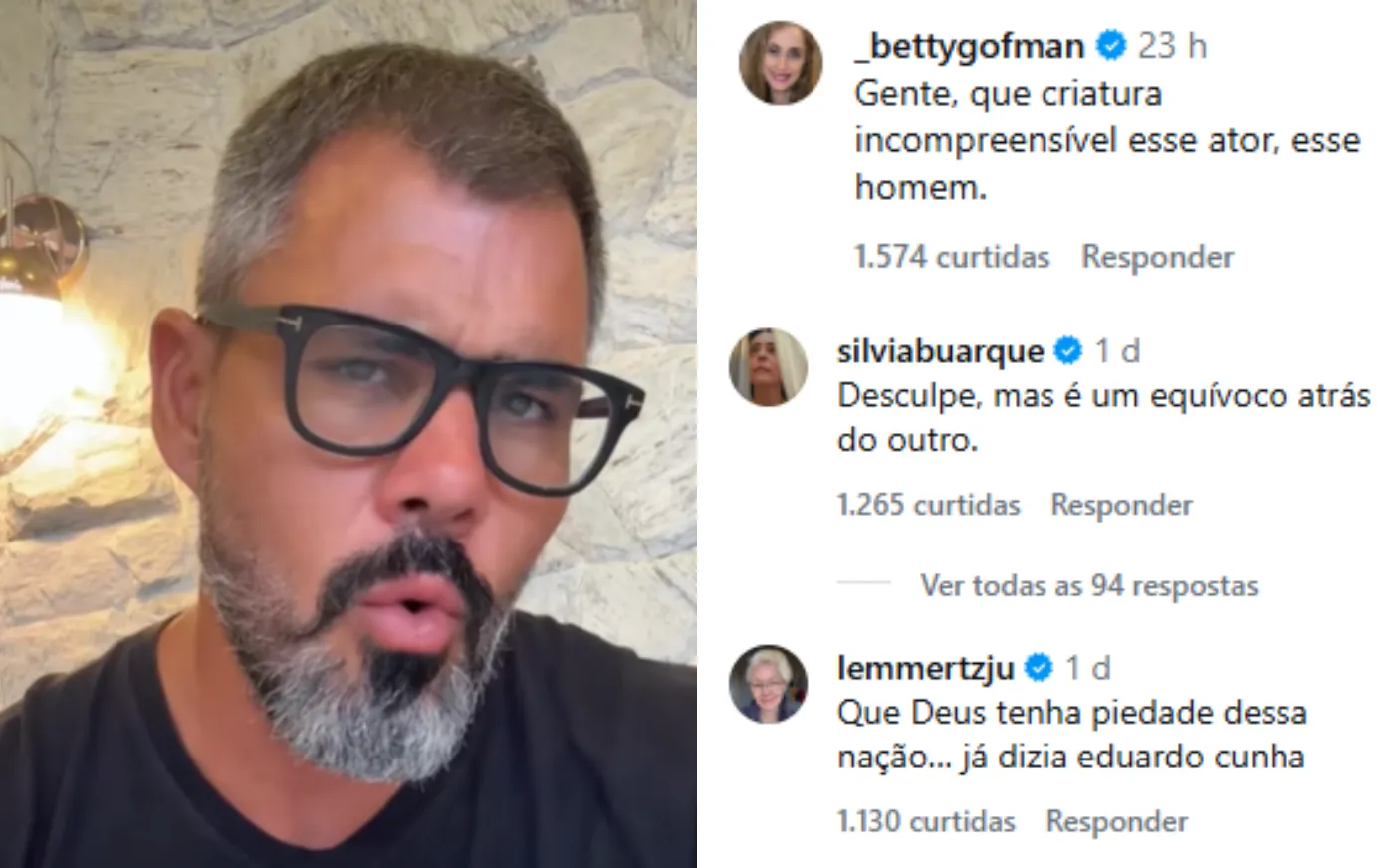 Juliano Cazarré em evento, com atrizes criticando o curso