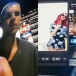 Justin Bieber sentado com notebook no palco do Coachella, telão exibindo vídeos e a plateia assistindo