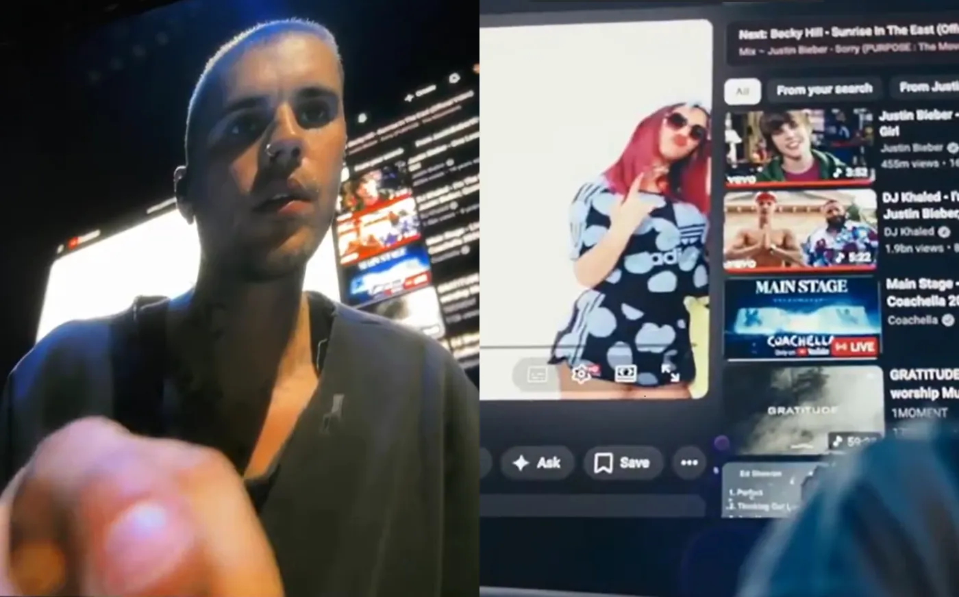 Justin Bieber sentado com notebook no palco do Coachella, telão exibindo vídeos e a plateia assistindo