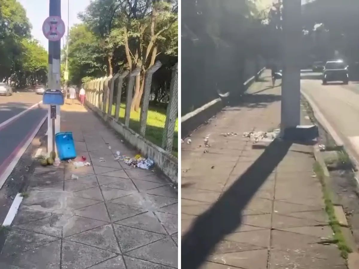 Lixeira quebrada na Lagoa do Taquaral após ato de vandalismo em Campinas