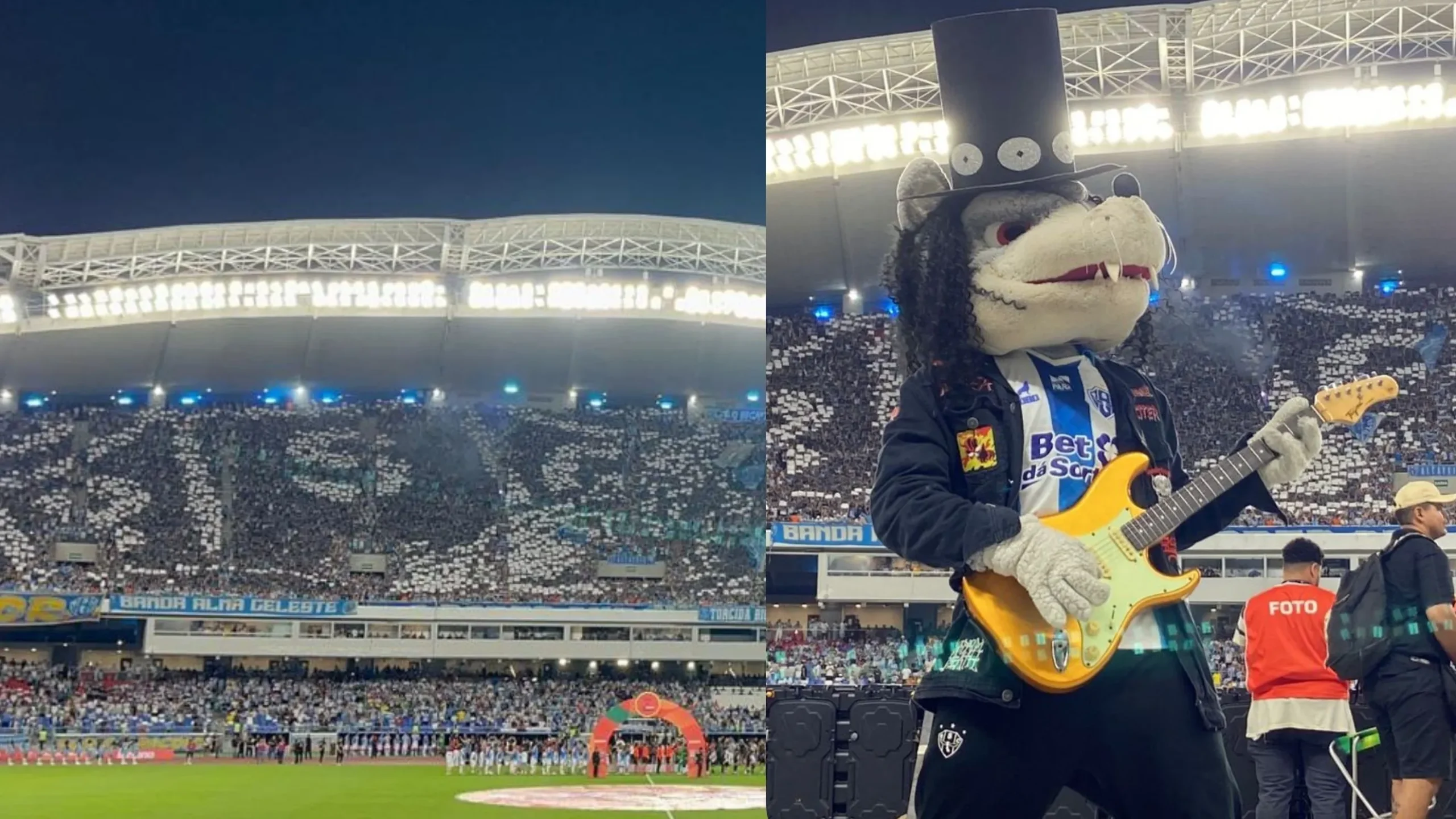 Mosaico da torcida do Paysandu no Mangueirão com tema Guns N' Roses e mascote Lobo como Slash