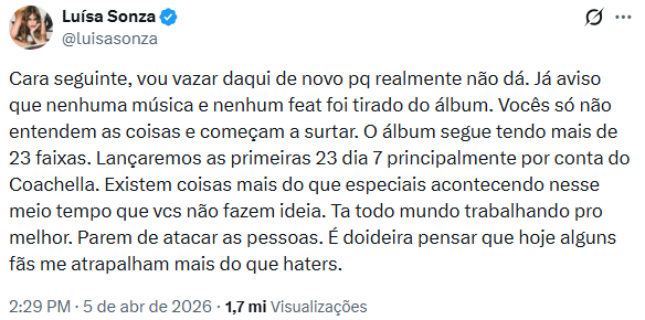 Luísa Sonza cantora álbum Brutal Paraíso desabafo fãs