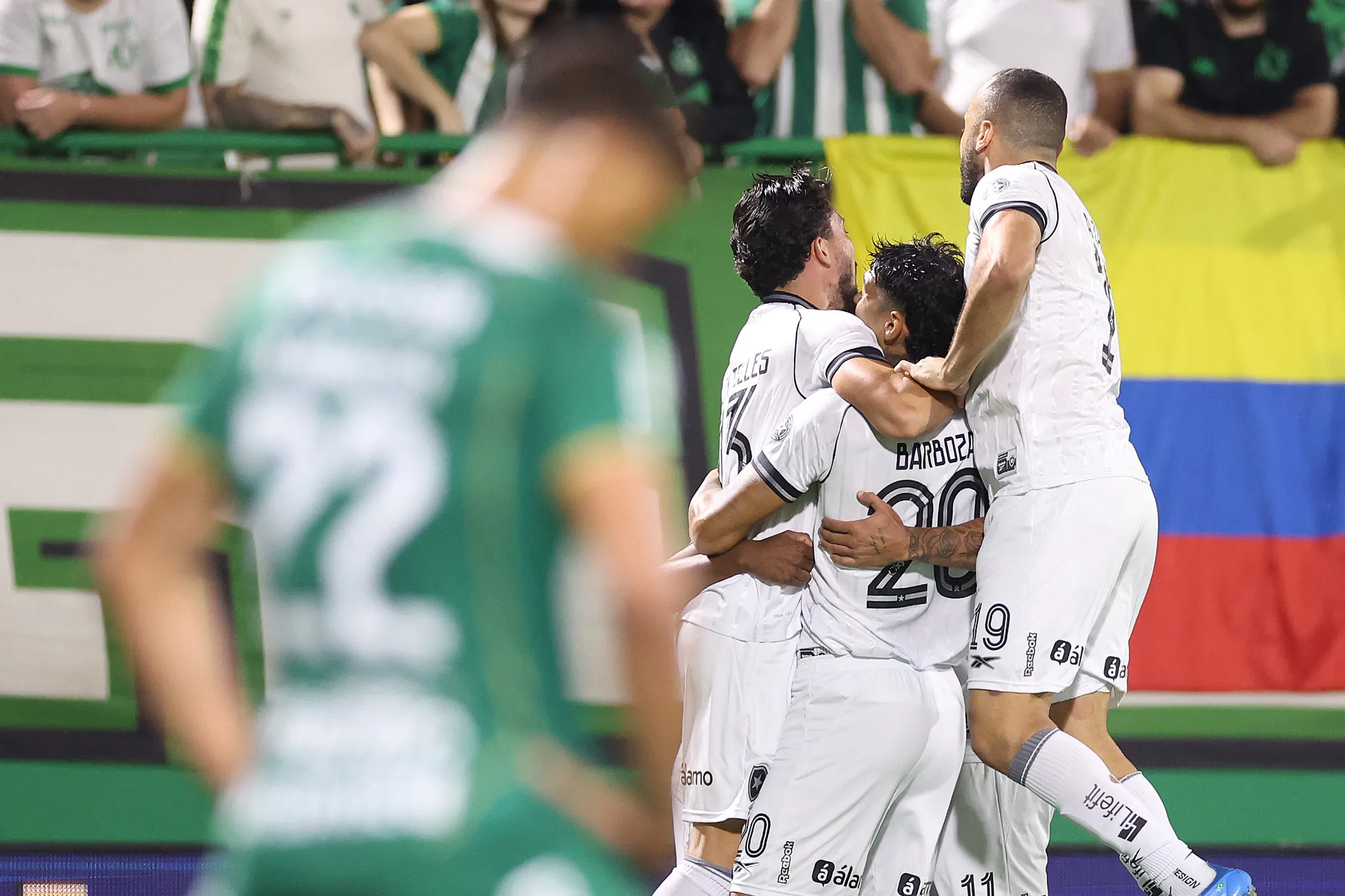 Time do Botafogo comemorando gol em campo contra a Chapecoense.