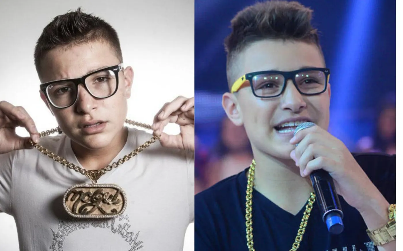 MC Gui cantando em palco iluminado, com microfone e expressão energética.