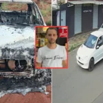 Carro branco queimado em Leme, SP, ligado à morte de dono de tabacaria