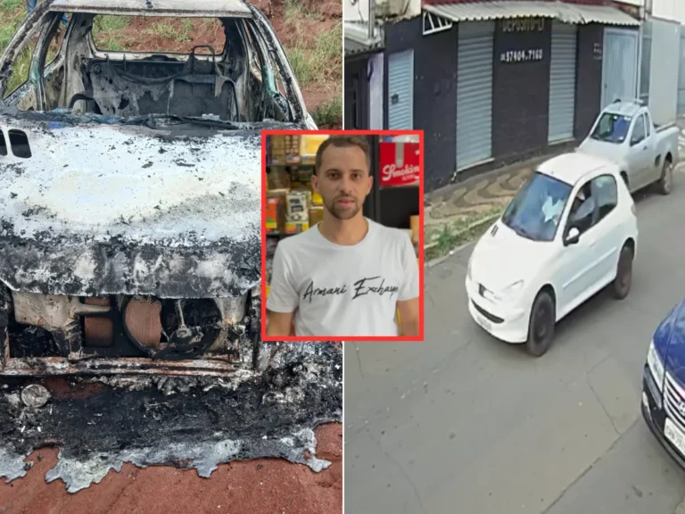 Carro branco queimado em Leme, SP, ligado à morte de dono de tabacaria