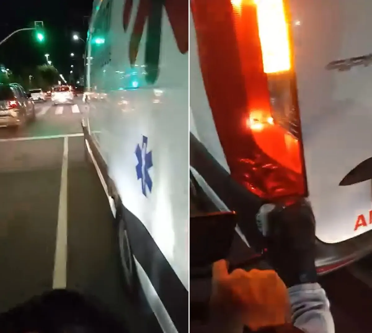 Motoboys empurrando ambulância com paciente em ponte de Cabo Frio durante a noite