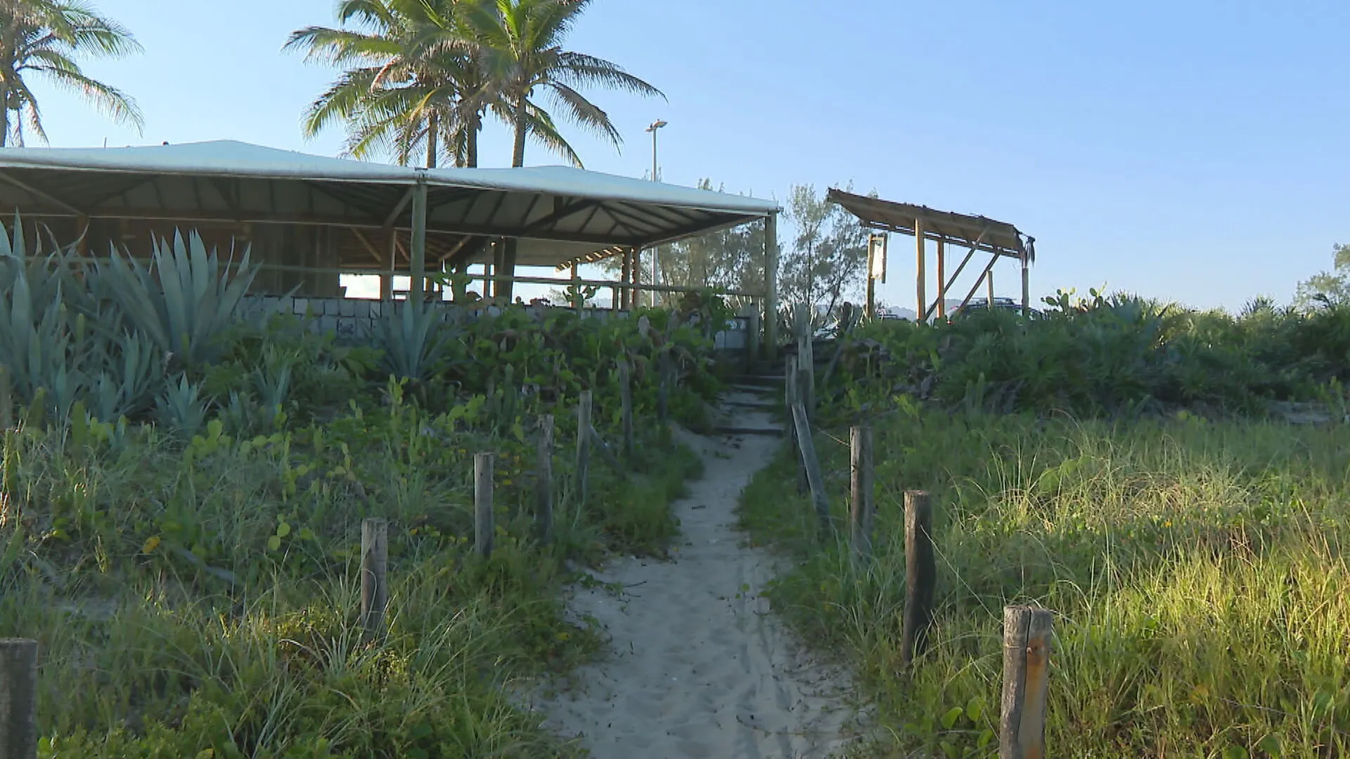 Quiosques na Praia da Reserva, Rio de Janeiro, com vegetação de restinga e faixa de areia