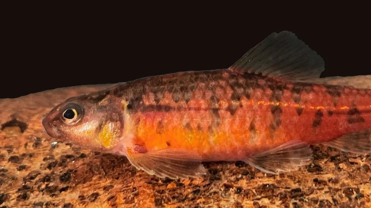Peixe vermelho Characidium urucum em seu habitat natural no Rio Grande, Minas Gerais