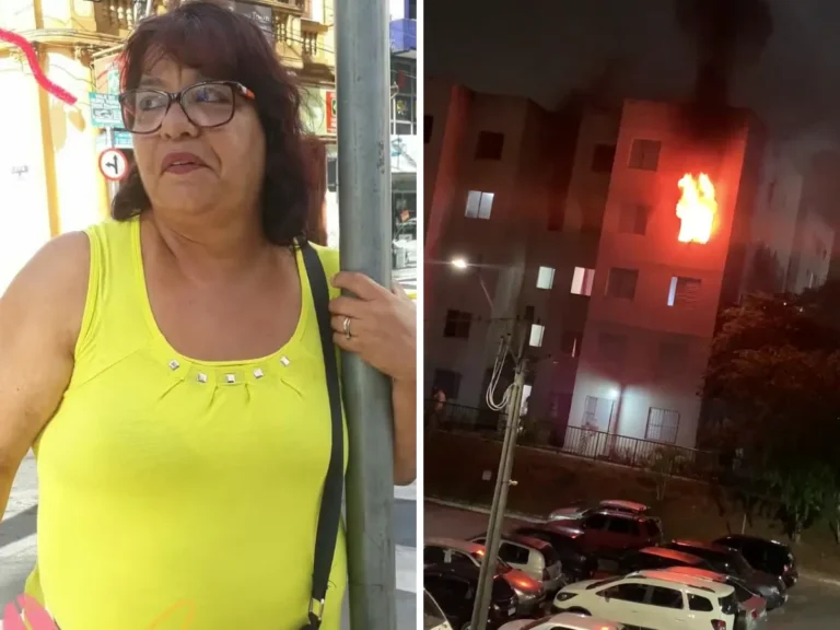 Bombeiros trabalhando em incêndio noturno em Campinas onde uma mulher morreu