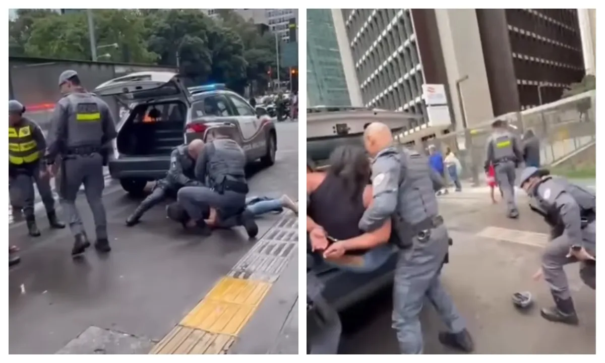 Mulher algemada por PMs na Avenida Paulista em São Paulo, com filha ao lado