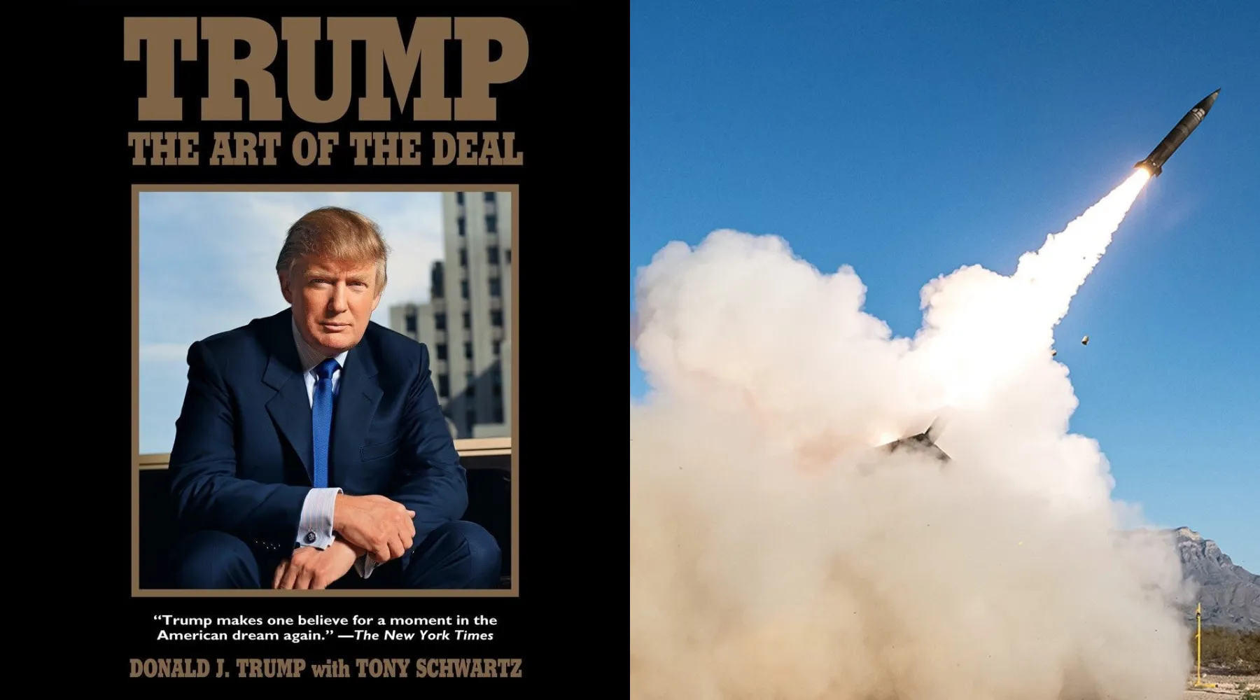 Livro 'Trump: A Arte da Negociação' e míssil, simbolizando o estilo de negociação de Trump e suas ações com o Irã.