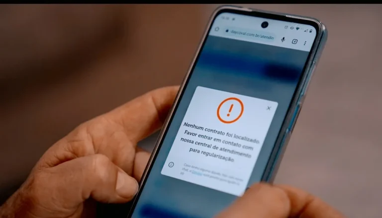Mãos segurando smartphone com boleto de proposta em app de banco, pessoa com expressão de preocupação