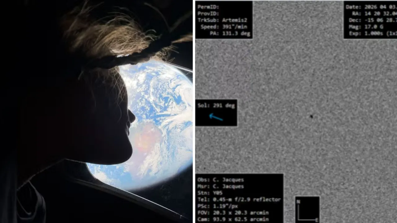 Telescópio do Observatório SONEAR em Minas Gerais registrando a cápsula Orion da Missão Artemis II no céu noturno.