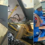 Ônibus escolar em Cabo Frio com porta amarrada e crianças em situação de risco