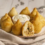 Variedade de comida de rua sul-americana: anticuchos, empanadas