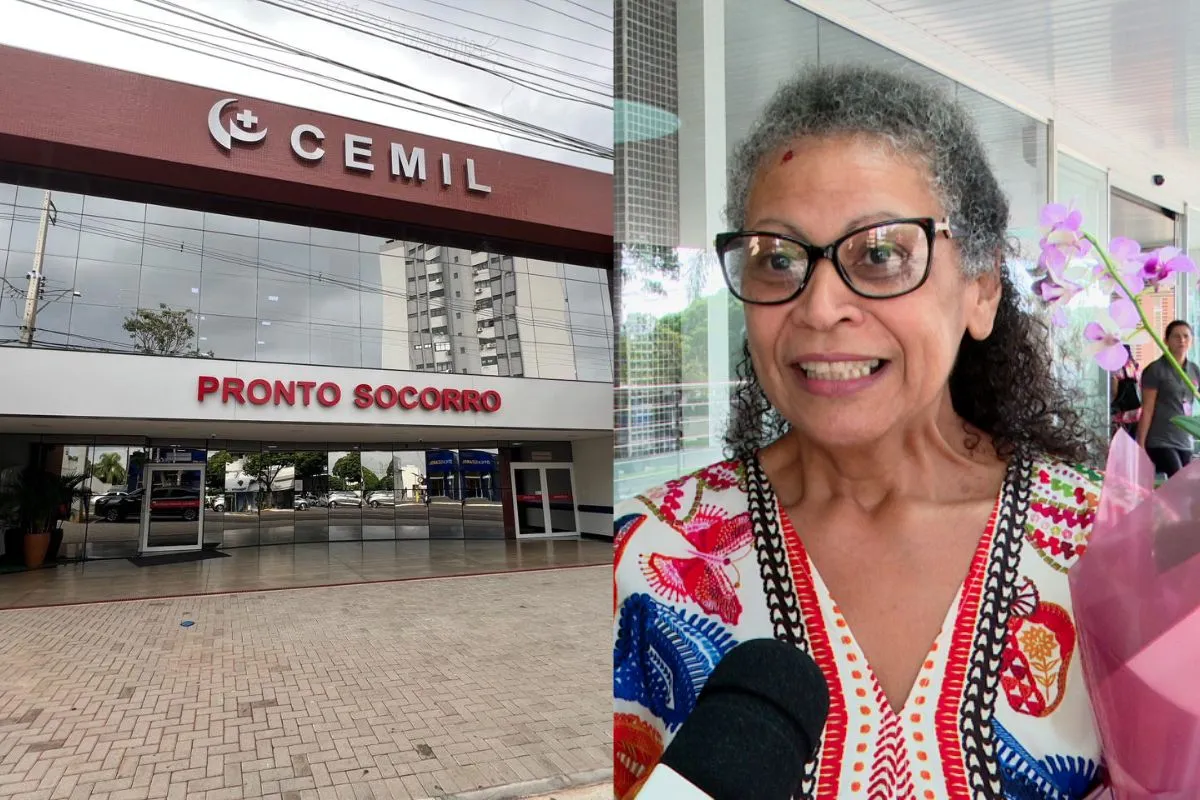 Mulher de 58 anos, paciente Adelice de Oliveira, sorri ao receber flores da família após alta do Hospital Cemil em Umuarama.