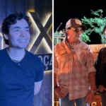 Sâmi Rico, Chitãozinho e Xororó cantando juntos no palco rústico do DVD 'Meninos de Roça'.