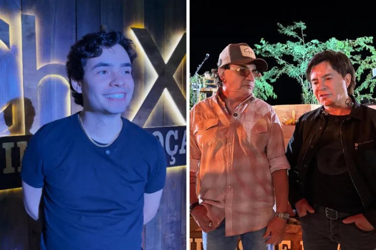 Sâmi Rico, Chitãozinho e Xororó cantando juntos no palco rústico do DVD 'Meninos de Roça'.