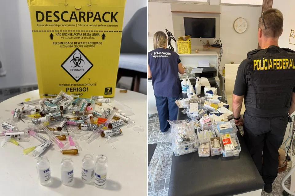 Operação policial apreendendo canetas emagrecedoras falsificadas e documentos em laboratório clandestino.