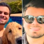 Mulher preocupada olhando para o celular, com imagem de avião ao fundo, representando a busca por piloto desaparecido.