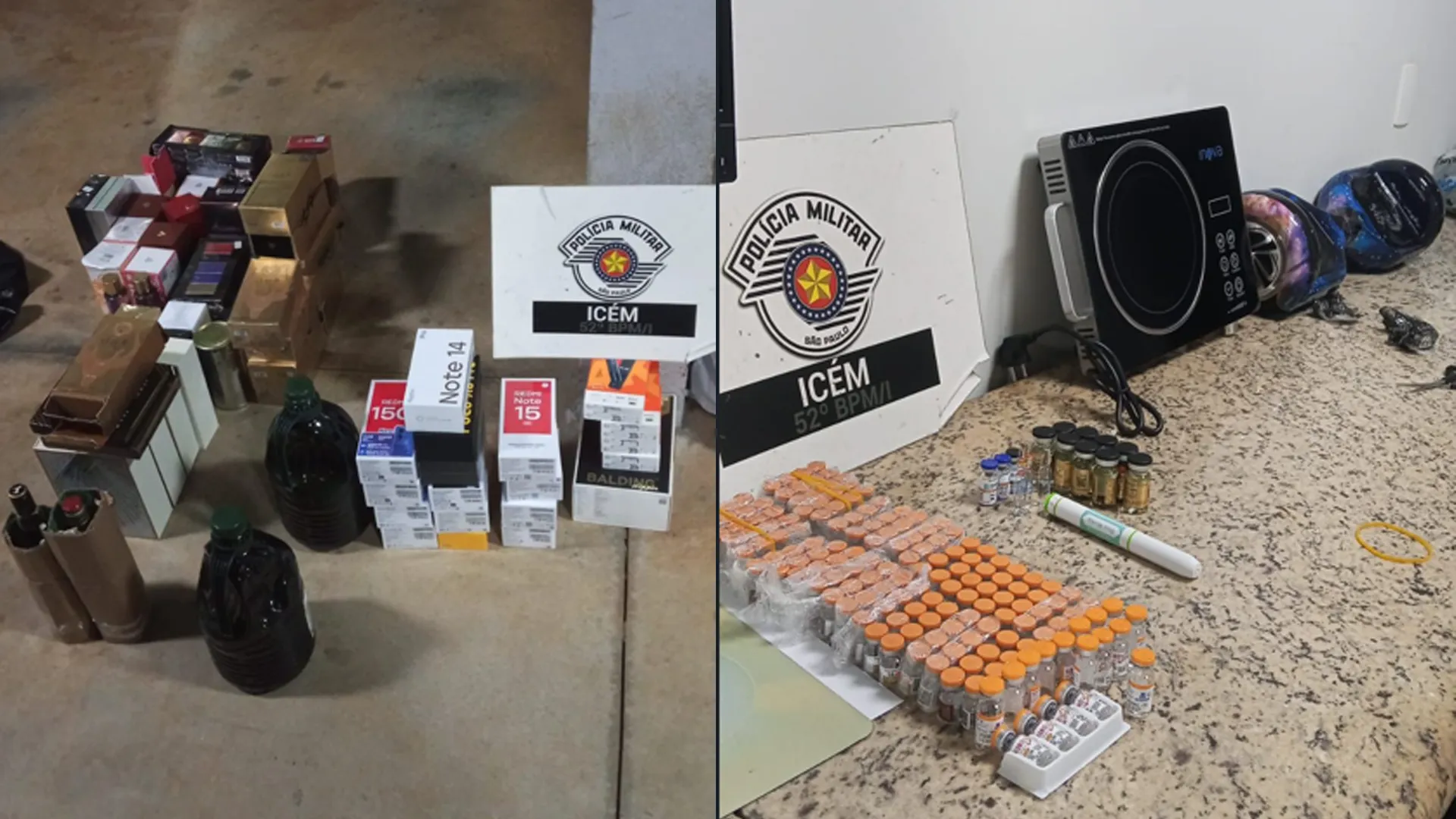 Frascos de remédios e anabolizantes escondidos em aparelhos eletrônicos durante apreensão policial