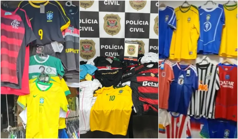 Camisas falsificadas da Seleção Brasileira e clubes apreendidas pela polícia em São Paulo