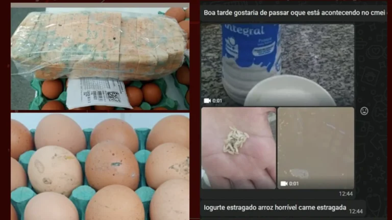 Alunos comendo merenda escolar em Ponta Grossa, com comida que parece estragada