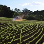 Navio cargueiro no Estreito de Ormuz com campos agrícolas ao fundo, simbolizando a dependência do agronegócio brasileiro de fertilizantes importados e a ameaça da guerra no Irã.