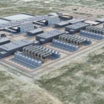 Pequeno reator nuclear modular (SMR) ao lado de um data center, simbolizando a fusão entre tecnologia e energia limpa.