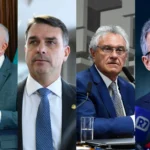 Grupo de estrategistas políticos analisando dados de eleição e planejando campanhas para pré-candidatos presidenciais.