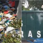 Caçamba cheia de livros velhos e com mofo descartados pela prefeitura de Osasco