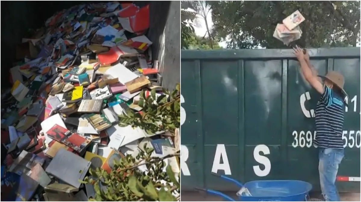 Caçamba cheia de livros velhos e com mofo descartados pela prefeitura de Osasco