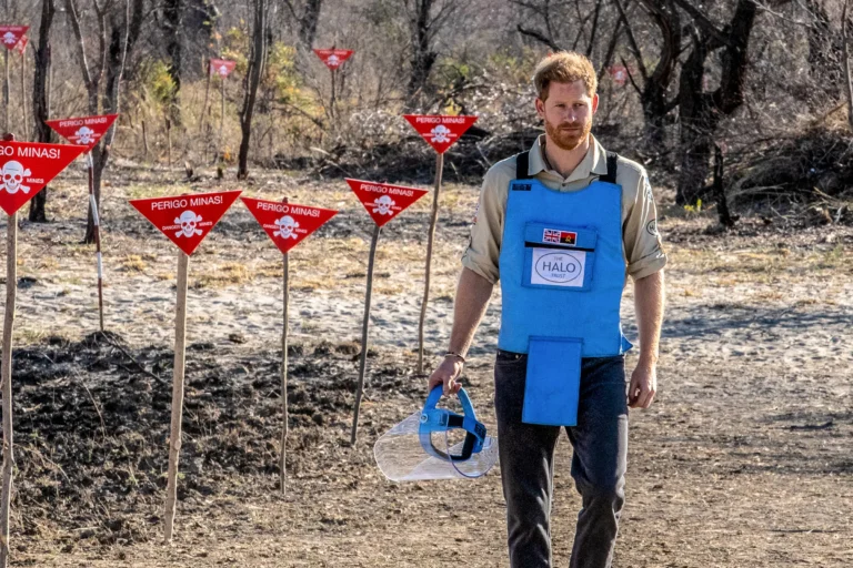 Príncipe Harry com colete e visor, caminhando em campo minado em Angola, cercado por vegetação e pessoas locais.