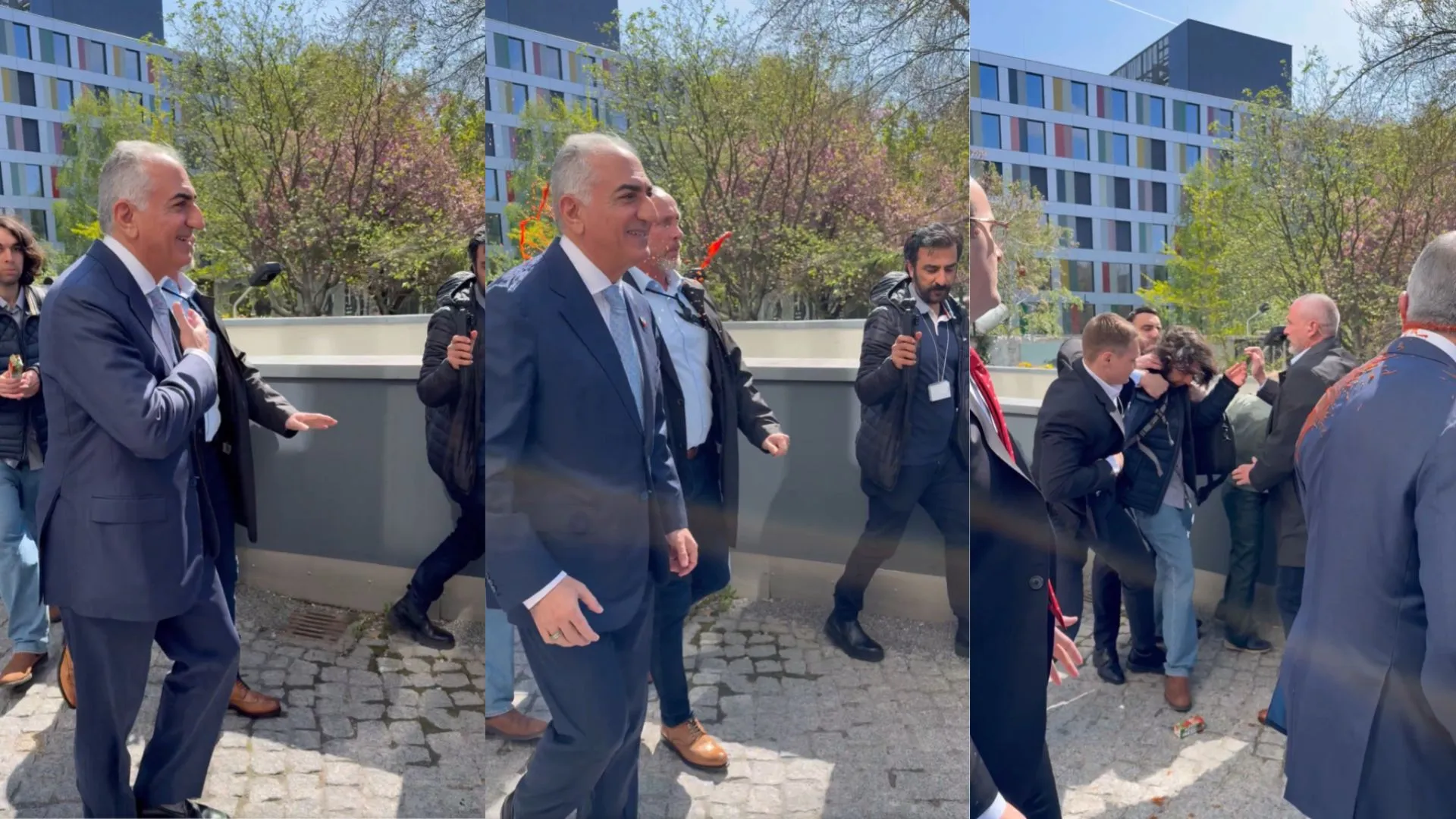 Príncipe herdeiro do Irã Reza Pahlavi com tinta nas costas em Berlim