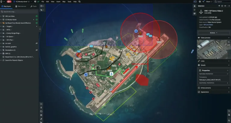 Oficiais militares usando sistema de IA para análise de dados e planejamento de ataques em um centro de comando.