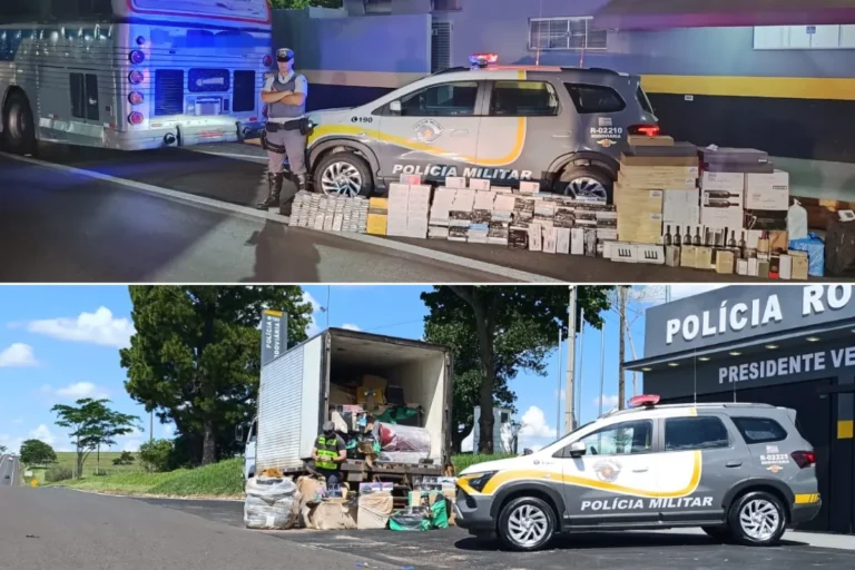 Operação policial de apreensão de mercadorias sem nota fiscal em rodovia do oeste paulista, com caminhão e ônibus inspecionados.