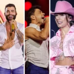 Cantor sertanejo no palco da Festa do Peão de Barretos, com público vibrante