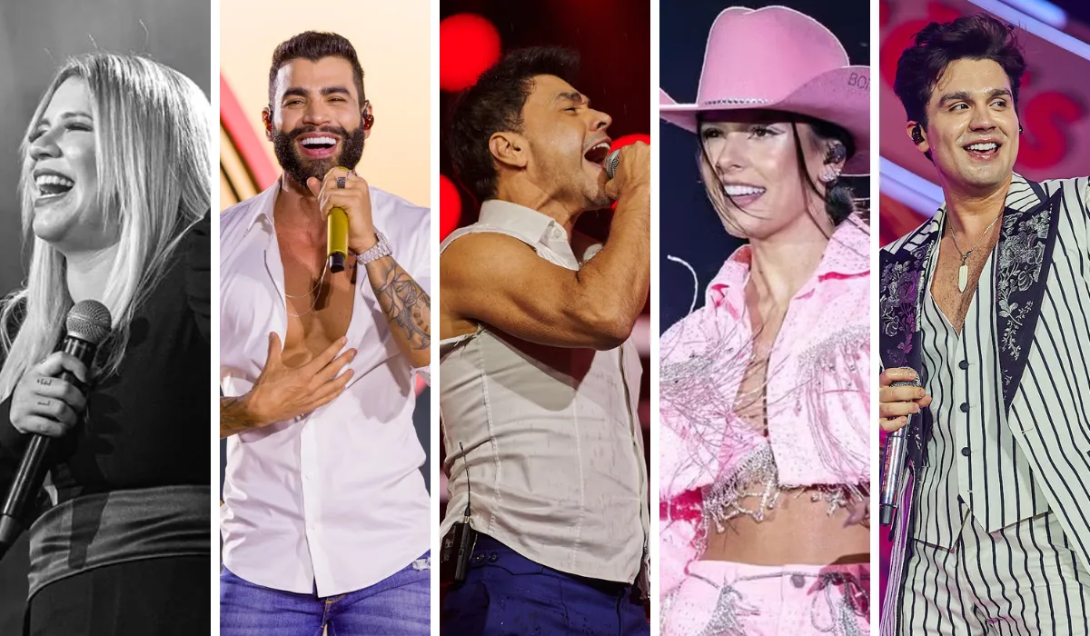 Cantor sertanejo no palco da Festa do Peão de Barretos, com público vibrante