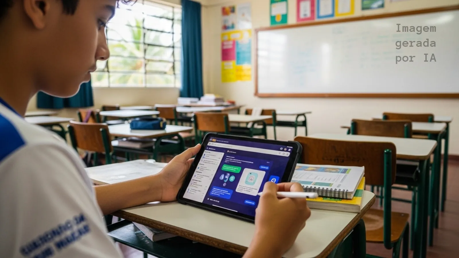 Alunos e professor interagindo com IA em sala de aula