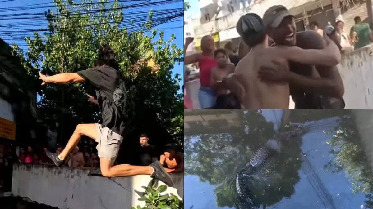 Homem fazendo parkour, saltando sobre valão com jacarés, Rio de Janeiro