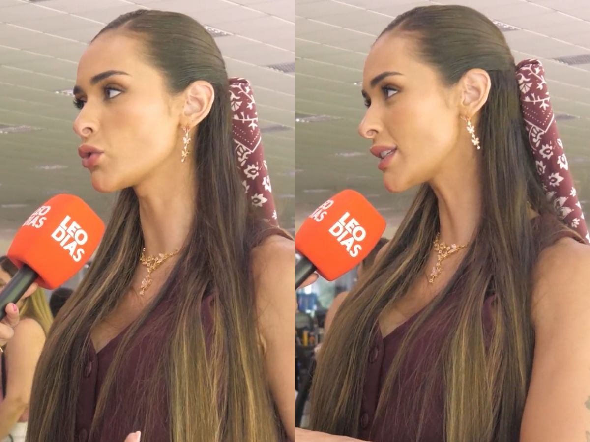 Tainá Militão grávida em evento de moda falando sobre Éder Militão convocação