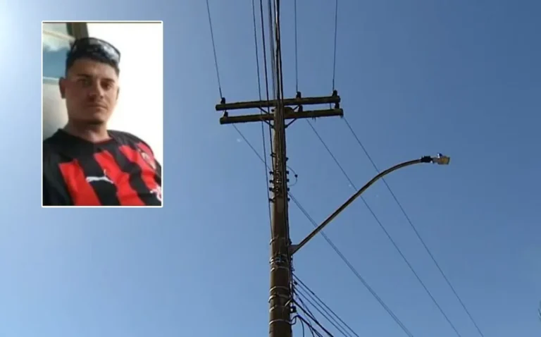 Poste de energia com fiação elétrica, acidente de trabalho em Andradas