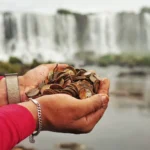 Trabalhadores retirando moedas e lixo do rio nas Cataratas do Iguaçu