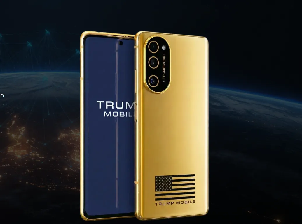 Trump Phone T1 dourado com bandeira americana, celular Trump Mobile