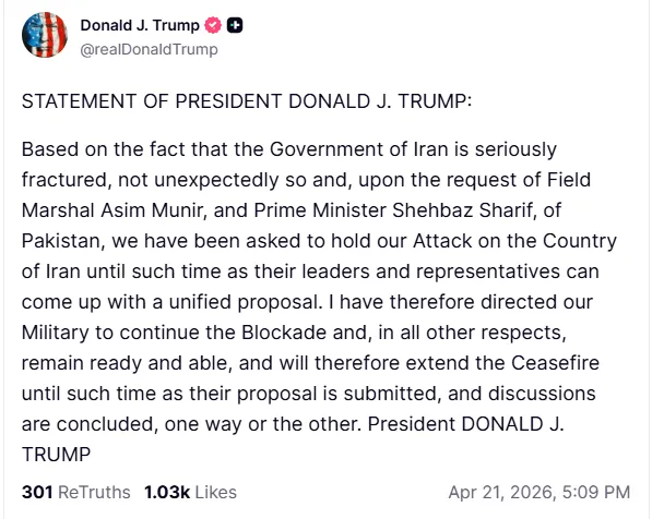 Donald Trump, presidente dos EUA, anunciando extensão de cessar-fogo com Irã e manutenção de bloqueio no Estreito de Ormuz.
